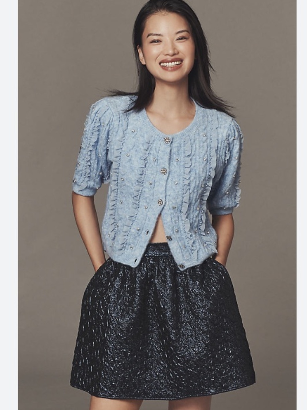 Maeve NWT Embellished Short-Sleeve Ruffled Cardigan Sweater in Baby Blue